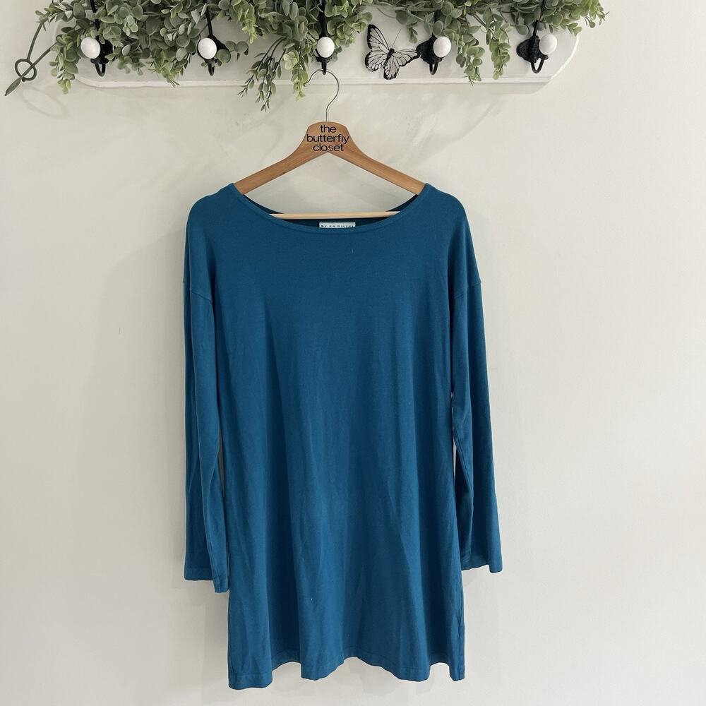 Bryn Walker Womens dress Top Solid Blue Long Sleeve Bamboo Cotton Blend cd7069